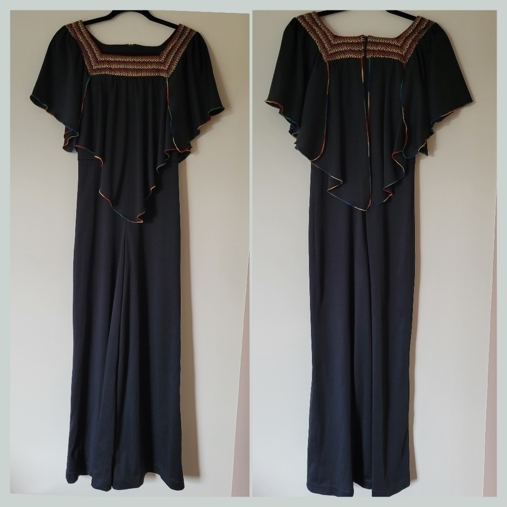 VINTAGE 70s rainbow crochet trim wide leg disco cape top jumpsuit